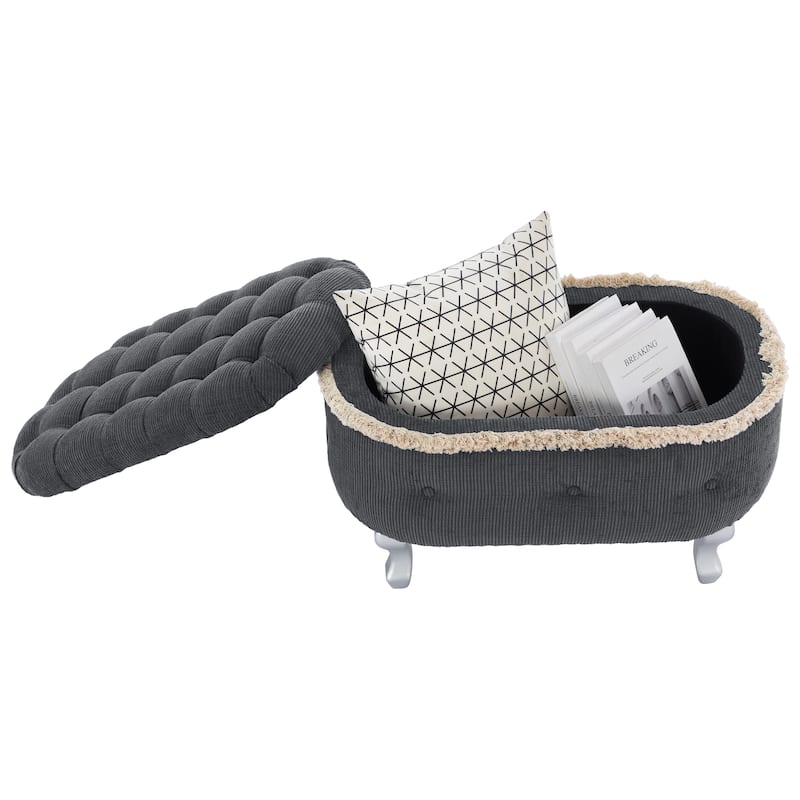 Roomfitters Upholstered Storage Bench with Button Tufted Top, End of Bed Bench with Fringe and Curved Legs