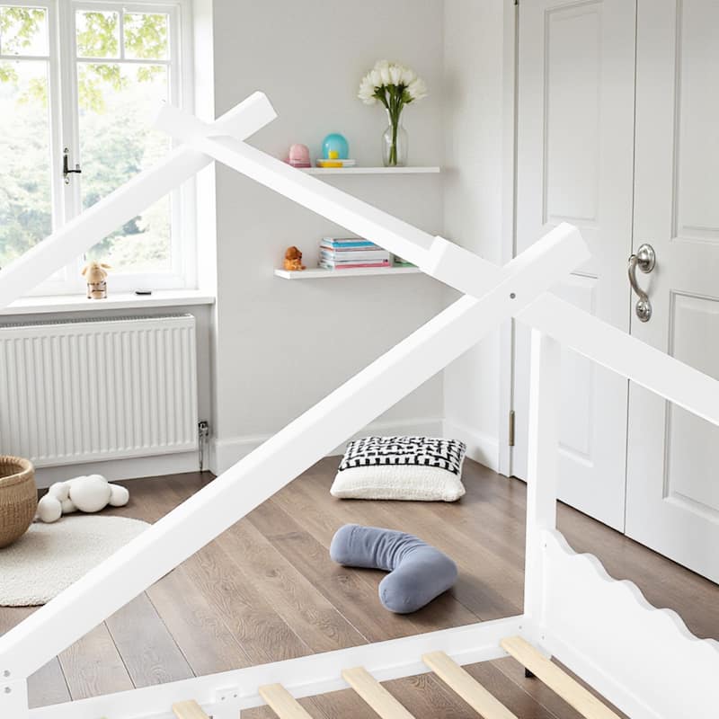 Kids Solid Wood House Floor Bed with Support Slats, Montessori Low Profile Bed, No Box Spring Needed