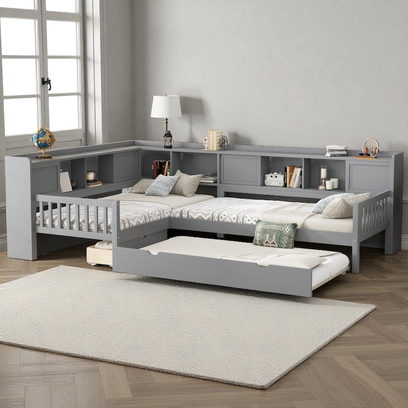 L-Shaped Twin Platform Bed with Trundle, Solid Wood Corner Bed Frame with Drawers and Shelves, No Box Spring Needed - Grey - Twin
