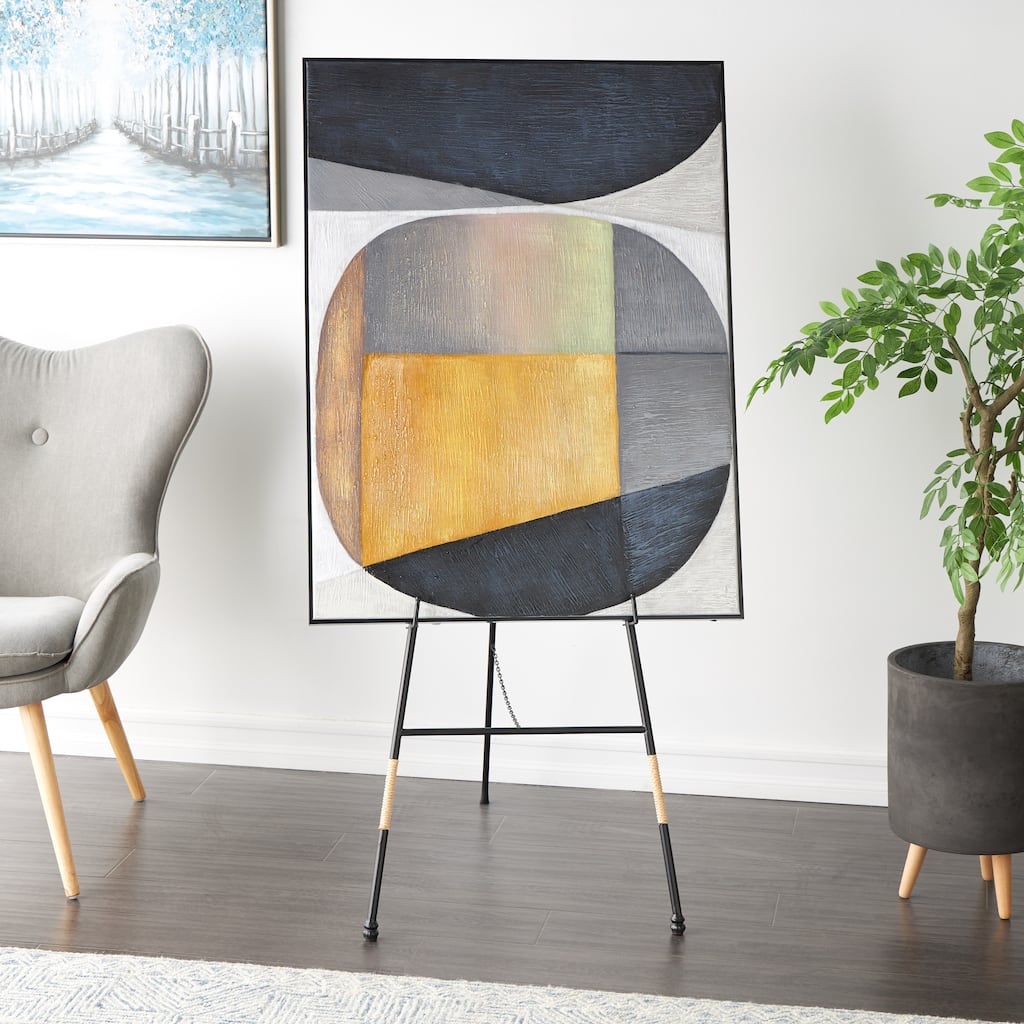 Black Metal Slim Foldable 2 Tier Easel with Wrapped Rattan Accents