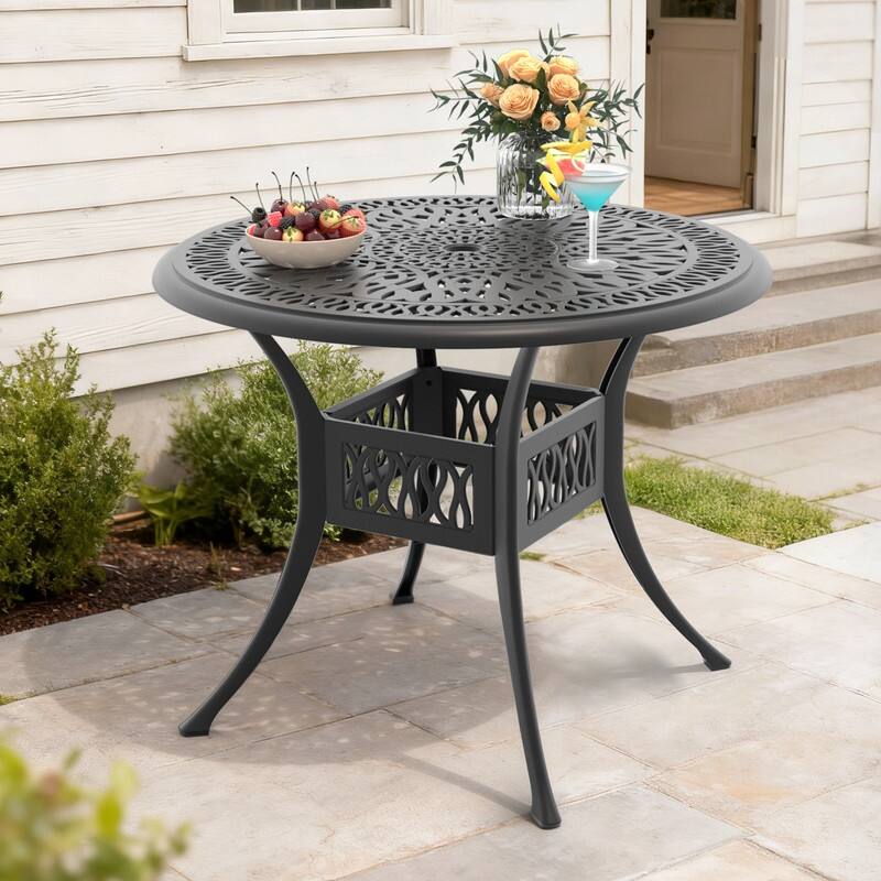35.43 inch Black Round Cast Aluminum Patio Table with Umbrella Hole & Retro Design