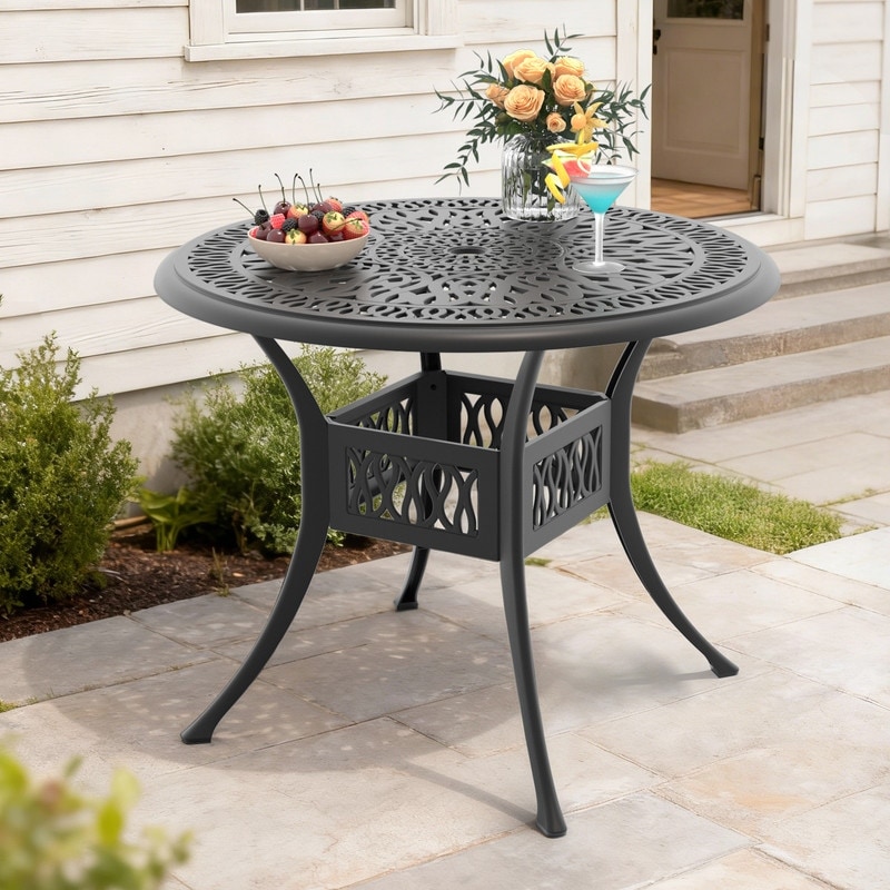 cast aluminum patio table with umbrella hole NUU GARDEN 60" Outdoor Dining 2.09" Hole, All Weather Outdoor Table, 6-8 Person Rectangle Dining Table, Backyard Bistro Table for Garden, Poolside, Black : Patio patterned surface 35.43 inch Black Round Cast