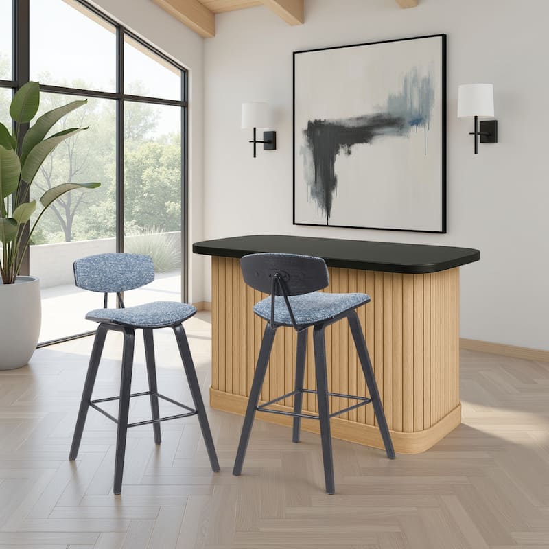 Fox Mid-Century Bar Stool, Upholstered Counter Height Chair with Bentwood Legs - Set of 2 - Blue Fabric & Black - Bar Height