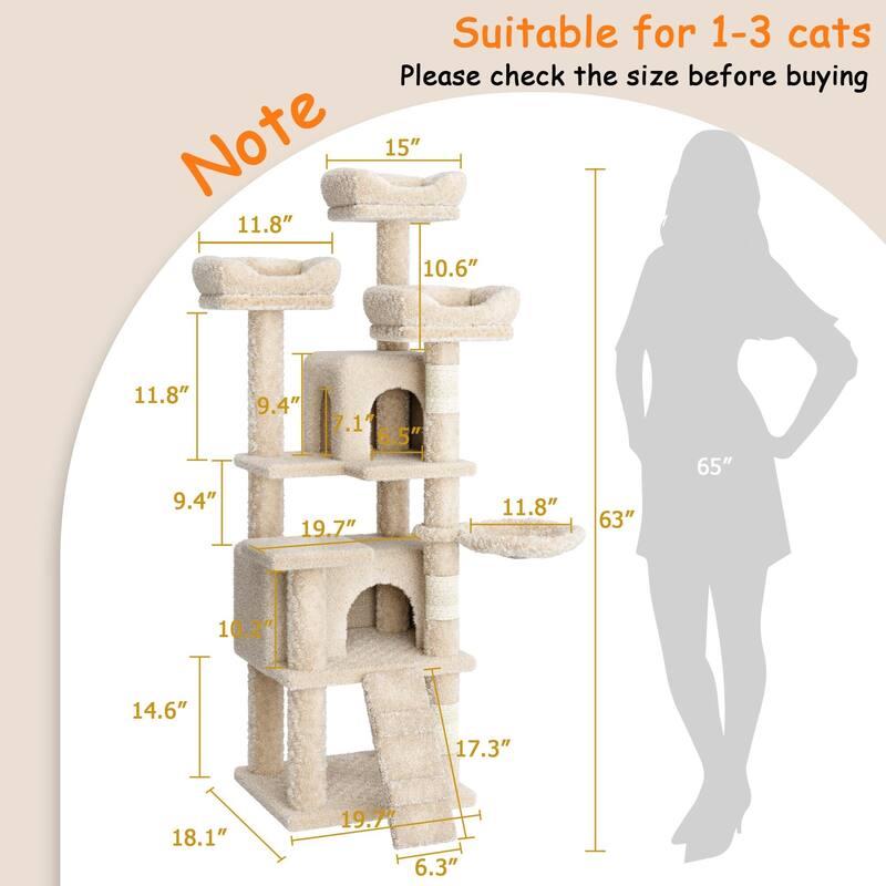 Cat Tree, with 2 Roomy Condo, 4 Perch, 63 inches