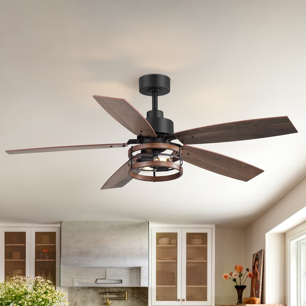 52" Ceiling Fan with Light, Remote Control, DC Motor, Reversible Blades, 6 Speeds, Indoor, Rustic Style