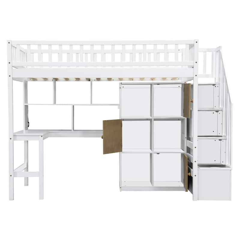 Solid Wood Loft Bed with Built-in Desk and LED, Twin Size Frame with Storage Shelves, Cabinets & Storage Staircase for Kids