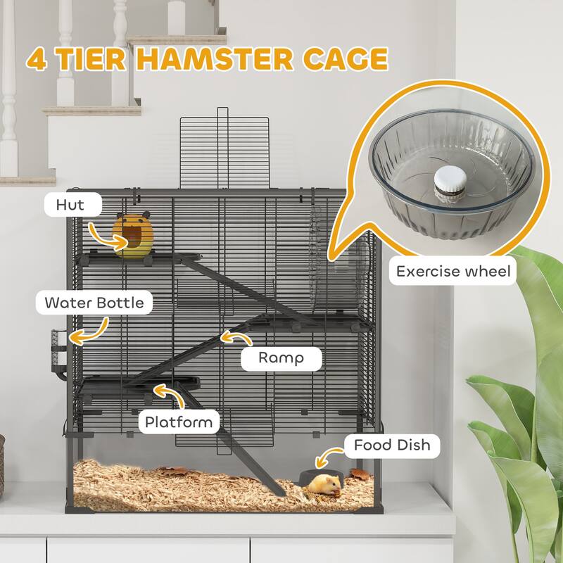 PawHut Large Hamster Cage with Deep Tempered Glass Bottom, 4 Tiers Hamster Tank with Running Wheel, Black