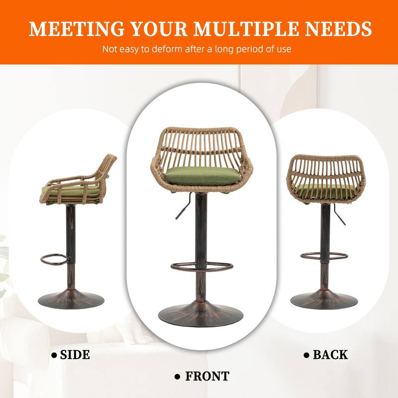 Plastic Rattan Linen Swivel Adjustable Height Bar Stools With Footrest(set of 2)