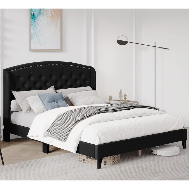 Upholstered Platform Bed Frame with Wingback Headboard