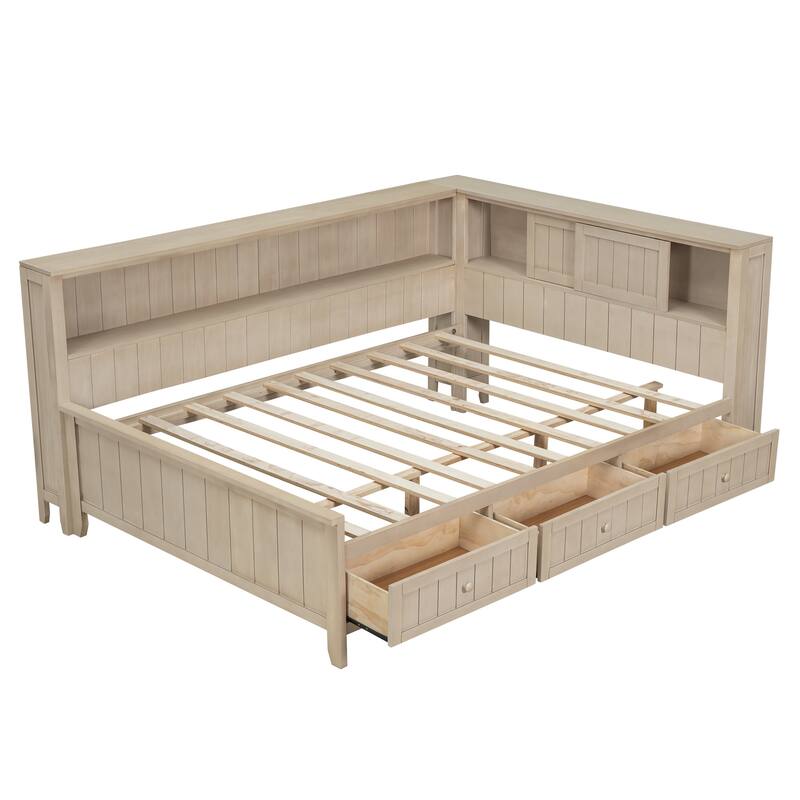 Full Size Wood Daybed with Storage Shelves and 3 Drawers, Antique White Milk Finish, Farmhouse Style