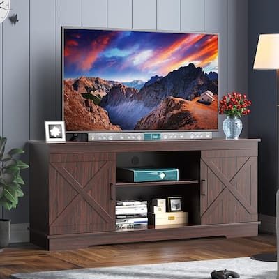 Moasis Farmhouse TV Stand with Barn Door Media Console Entertainment Center with Storage Cabinets
