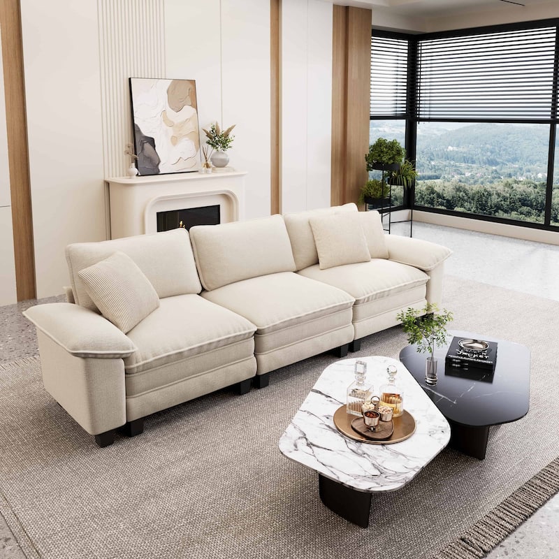 MAISON ARTS Cloud Modular Deep Seat Sofa, Chenille or Corduroy Sectional Couch with Removable Arms, 1–4 Seater - Beige Chenille(3 Pieces) - Symmetrical