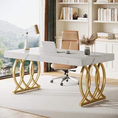 63 Inch Modern Computer Desk, White and Gold Office Executive Desk