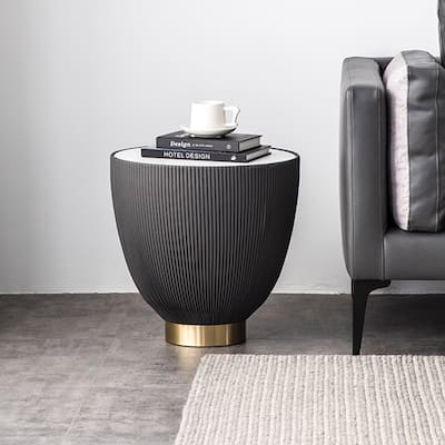 Modern Drum Coffee Table, Sintered Stone Coffee Table with PU Leather and Aluminum Alloy Base