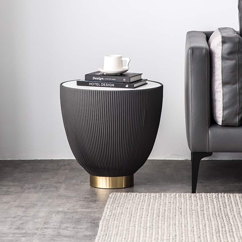 Modern Drum Coffee Table, Sintered Stone Coffee Table with PU Leather and Aluminum Alloy Base