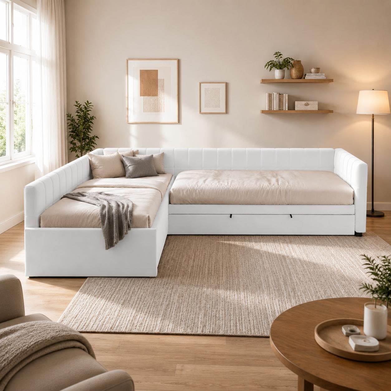 L-Shape Upholstered Daybed with Pull-Out Trundle & Storage Drawer by Harper&Bright Designs