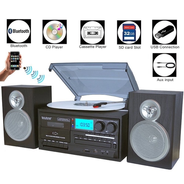 Boytone BT-28SBS, Bluetooth Classic Style Record Player Turntable with AM/FM Radio, Cassette Player, CD Player, 2 Separate Stere