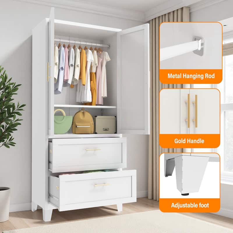 White Metal Wardrobe Closet with 2 Drawers and Hanging Rod, 71" Tall Bedroom Armoire Clothes Storage Cabinet with Shelf