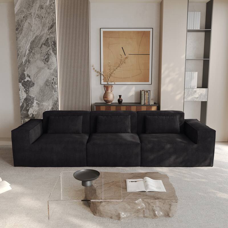 118" Modular Sofa Sectional Couch with Movable Fabric Cover & 3 Pillows, Comfy 3-Seater Corduroy Fabric Couch - Black
