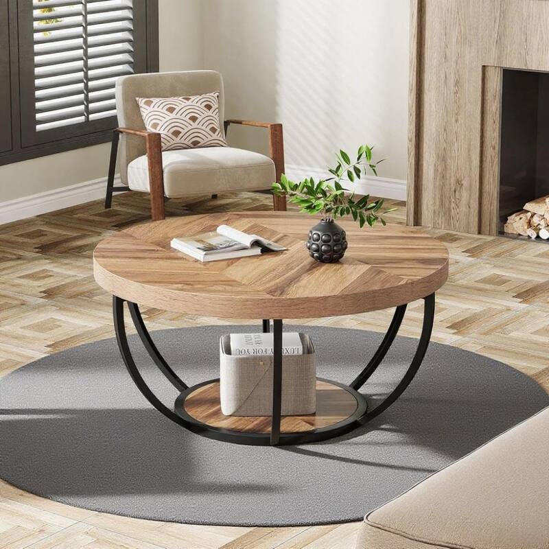 Engineered Wood Round Coffee Table with 2-Tier Metal Base - 31.69" L x 31.69" W x 17.32" H