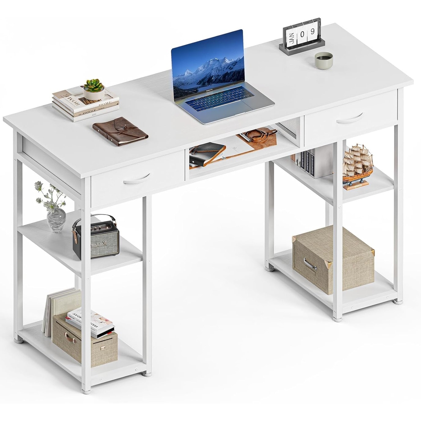 48-Inch Computer Gaming Desk with Fabric Drawers & Storage Shelves, Adjustable Feet Home Office Writing Study Table, White