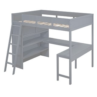 Full Size Loft Bed with Desk and Shelf, Solid Pine Wood Loft Bed Frame with Full-Length Guardrail for Study or Office Areas,Grey