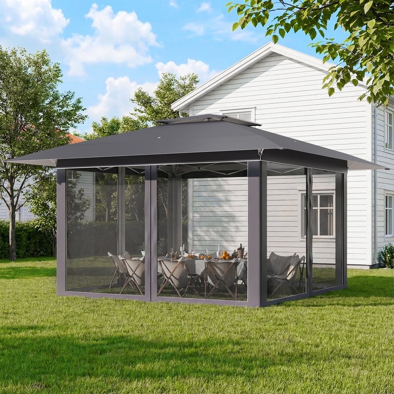 13x13 FT Pop Up Canopy Tent with Netting, UPF 50+ Outdoor Canopy with Automatic Eaves & One-Push Lock, for Patio & Parties