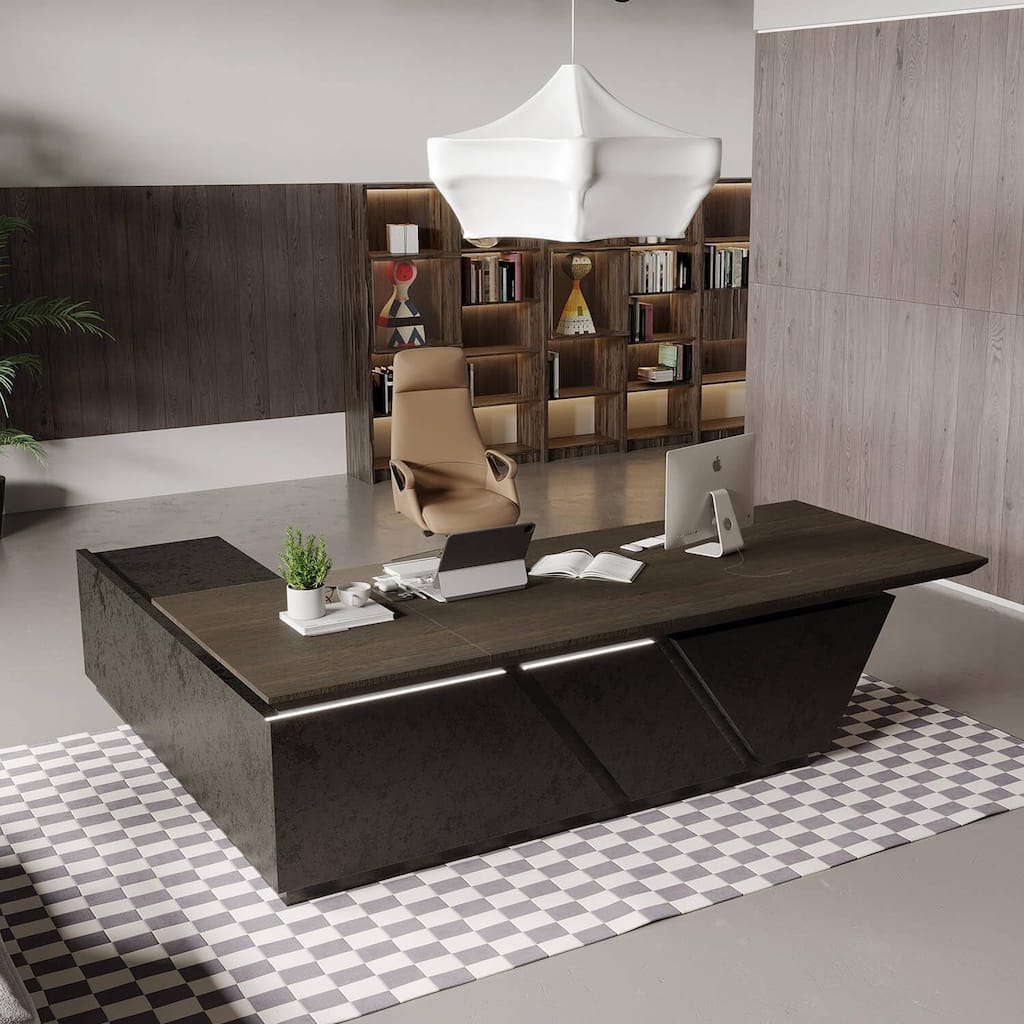 Adjustable Executive CEO Office L Shaped Desk with Drawer File Cabinets and LED Light