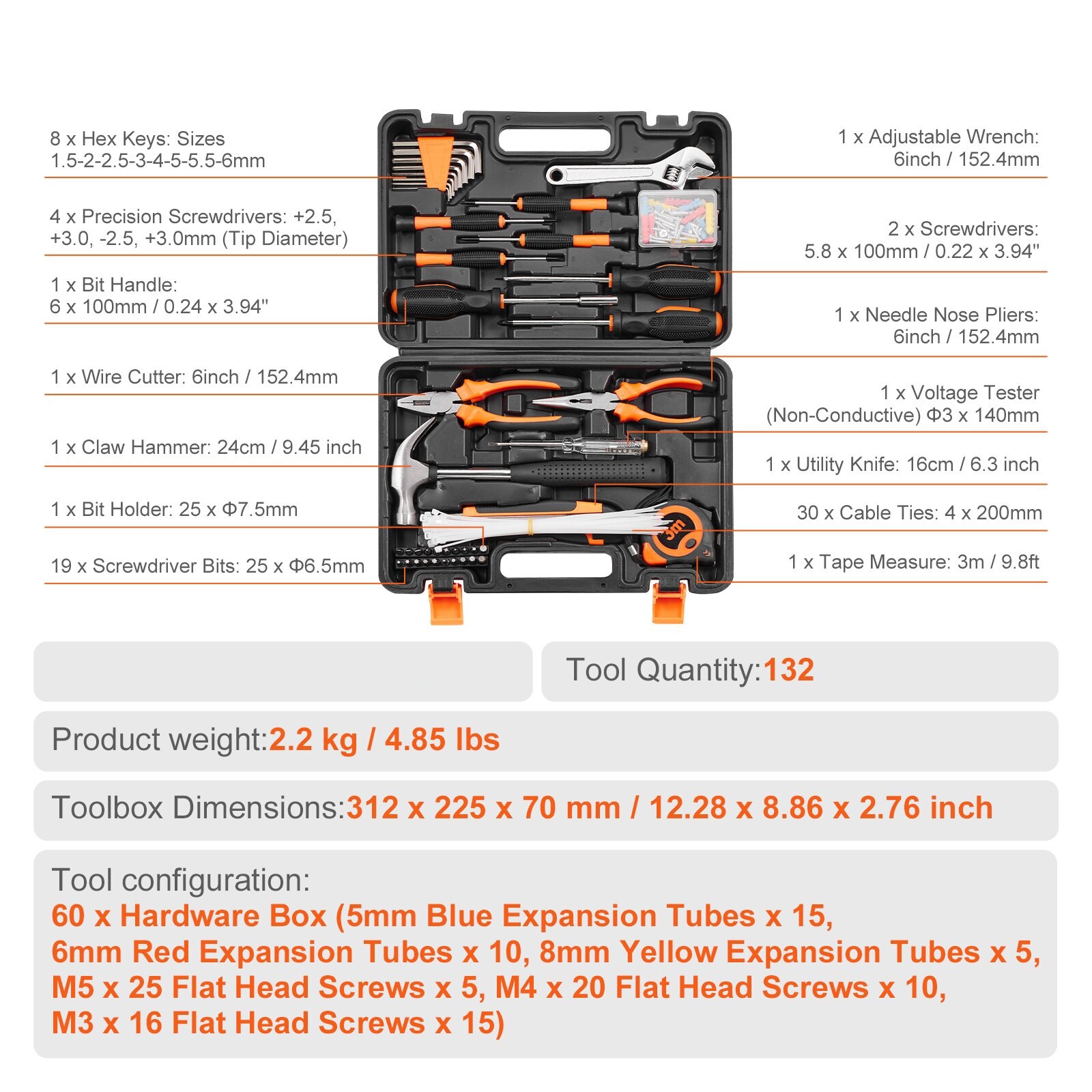 Orange-Black 132 Piece Tool Kit for Home Repairs Compact Hand