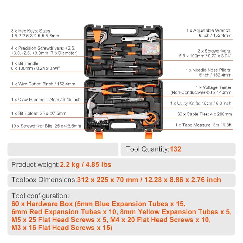 Orange-Black 132 Piece Tool Kit for Home Repairs Compact Hand Tools with Storage Case - 12.28 x 8.86 x 2.76 inch
