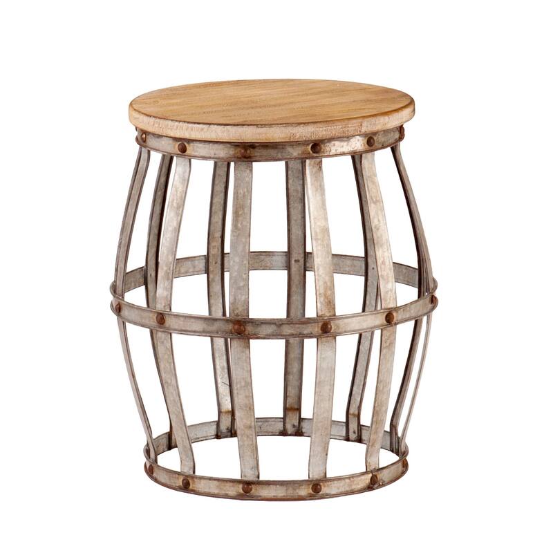 18" Rustic Round End Table with Galvanized Metal Frame and Wood Top for Living Room or Bedroom - 17.5" H x 15.25" W x 15.25" L