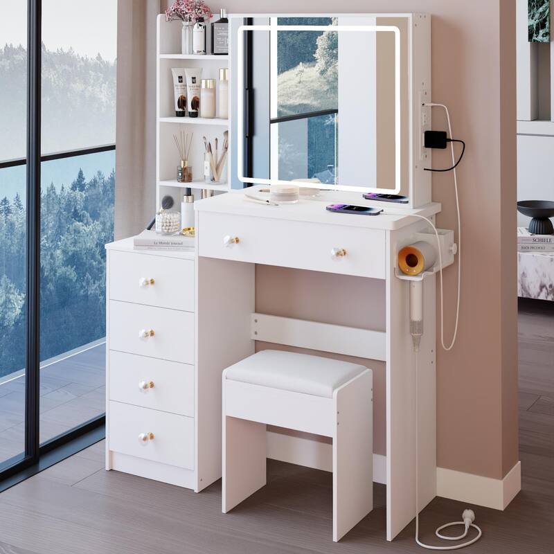 37" Middle Size Left Bedside Cabinet Vanity Table + Cushioned Stool Dresser Set, 2 AC+2 USB Socket, Hair Dryer Stand