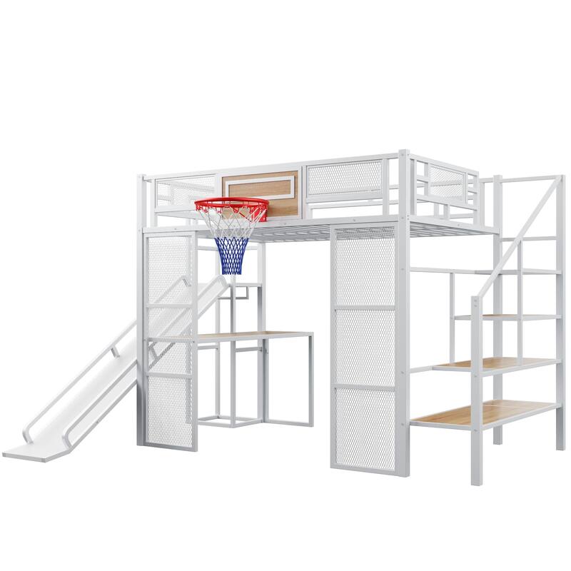 Full Size Metal Loft Bed with Desk, Wardrobe, Basketball Hoop, Slide, and Staircase, White