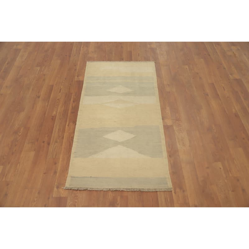 Hand Woven Oriental 100% Wool Carpet Southwestern Modern Beige & Ivories Kilim Area Rug - 4' 0'' X 2' 0''