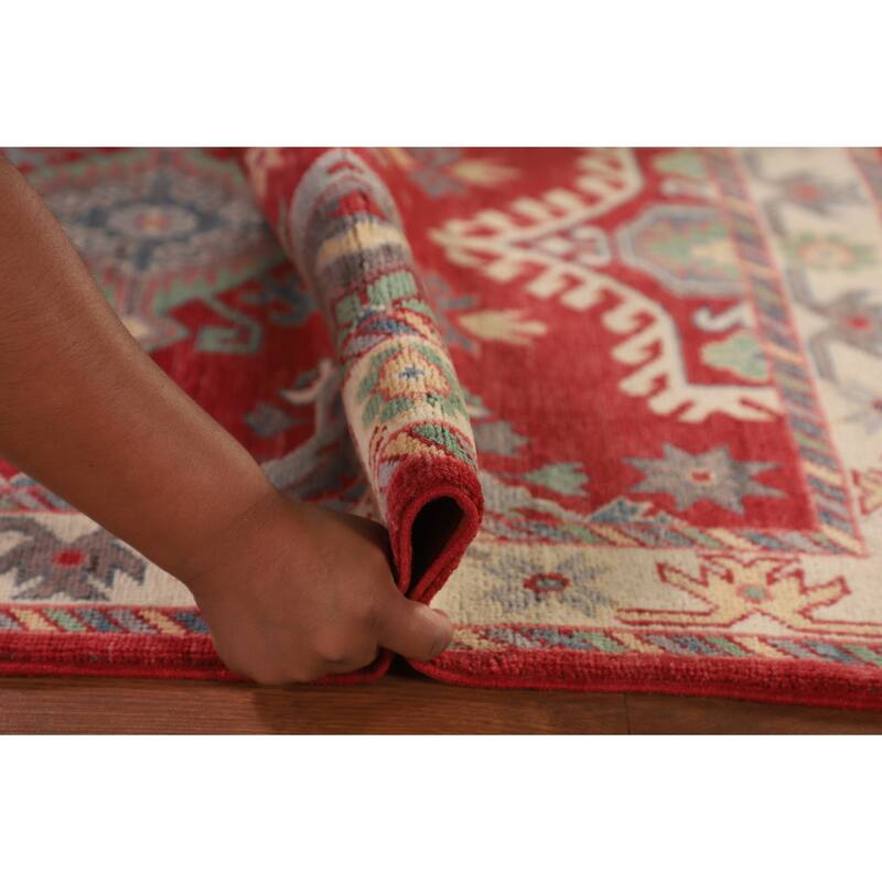 Red Kazak Accent Rug Handmade Geometric Wool Carpet - 3'4"x 4'8"