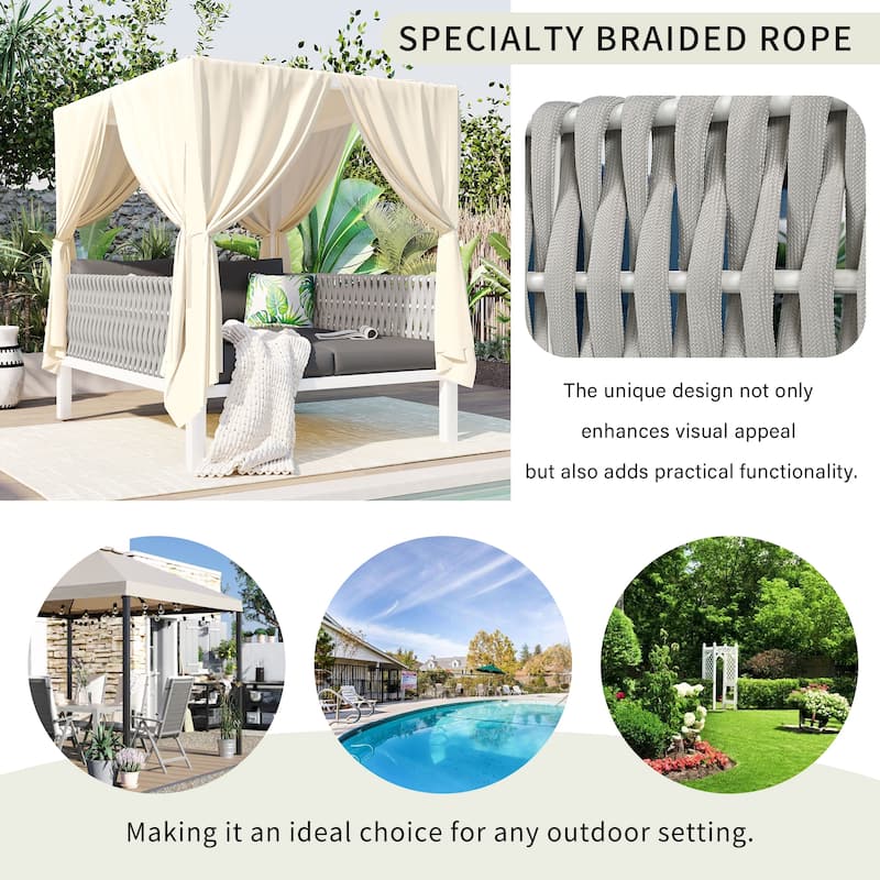 Outdoor Rattan Canopy Daybed Sunbed with Curtain & Woven Rope Arm