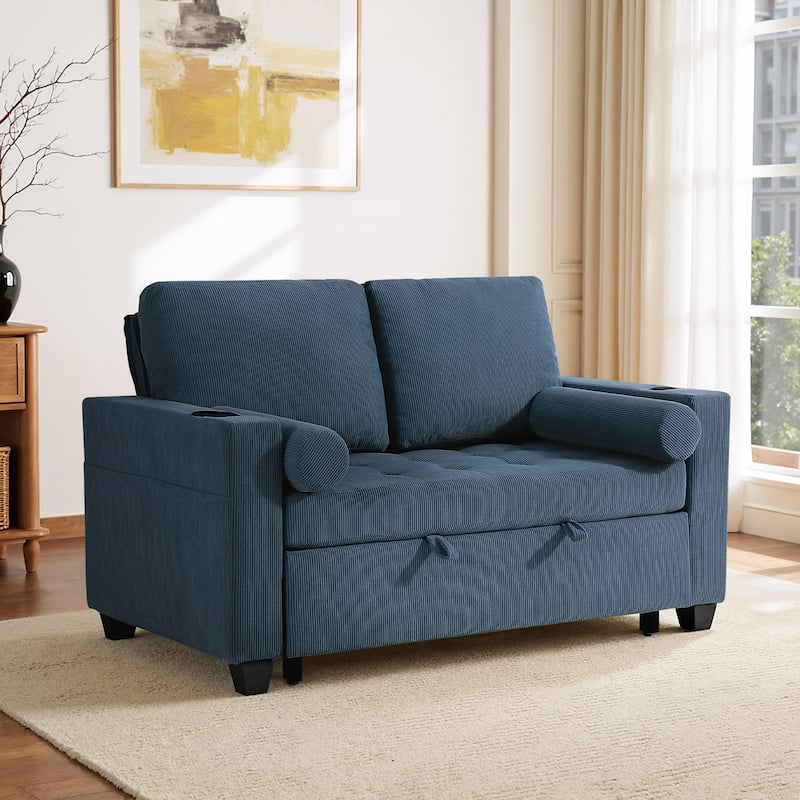 Corduroy Convertible Loveseat Sofa Bed Recliner with Cup Holder, USB Ports & Storage - Navy Blue