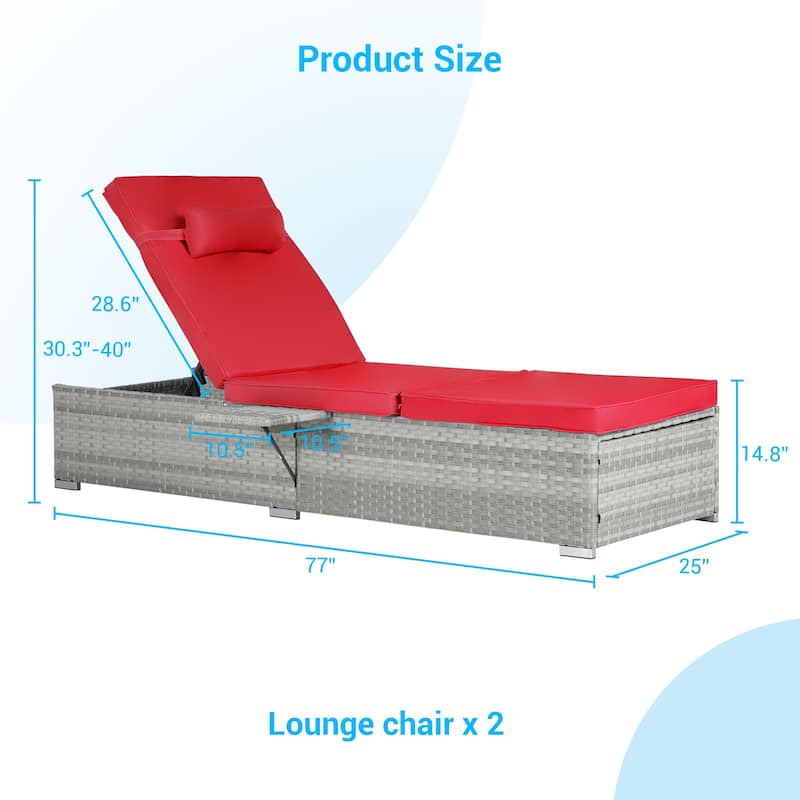 2-Piece Foldable Outdoor Wicker Chaise Lounge Set with Cushions and 5-Position Adjustable Backrest for Poolside Backyard