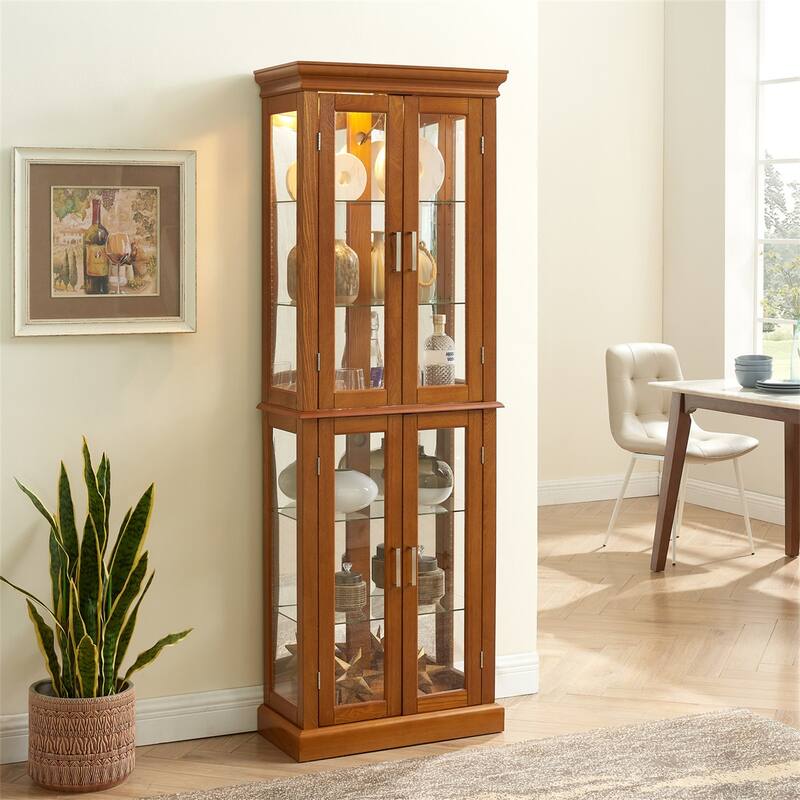 6 Tier Shelves Curio Display Cabinet with Glass Door (Bulb Not Included)