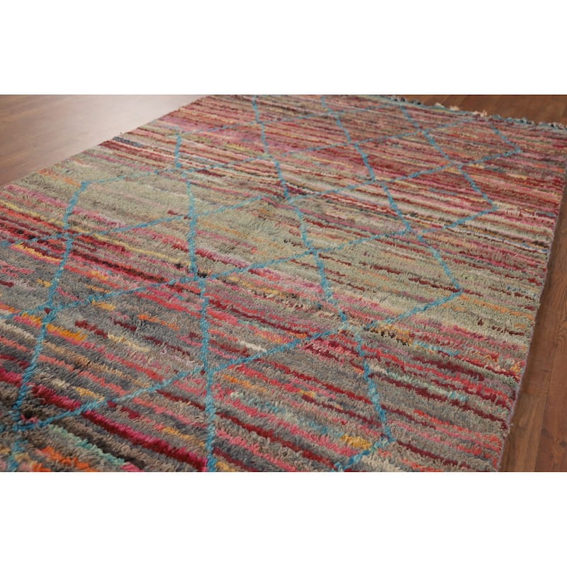 Striped Trellis Moroccan Area Rug Handmade Wool Carpet - 5'8" x 9'9"