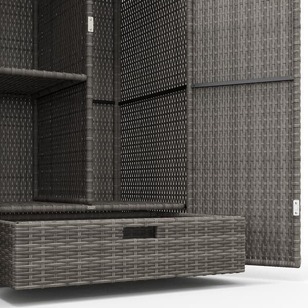 Outsunny Rattan Outdoor Storage Cabinet, Wicker Bar Table With Acacia