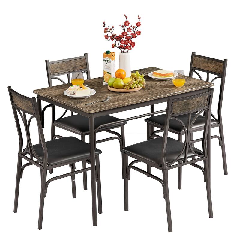 VECELO Modern 3/5-piece Dining Set Tempered Glass Top and Wood Top, Steel Dining Table and Chair Set of 2/4