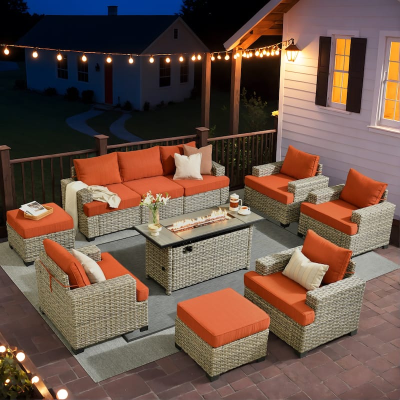 XIZZI 10-piece Patio Wicker Furniture Conversation Set with Fire Pit Table - Red/Orange