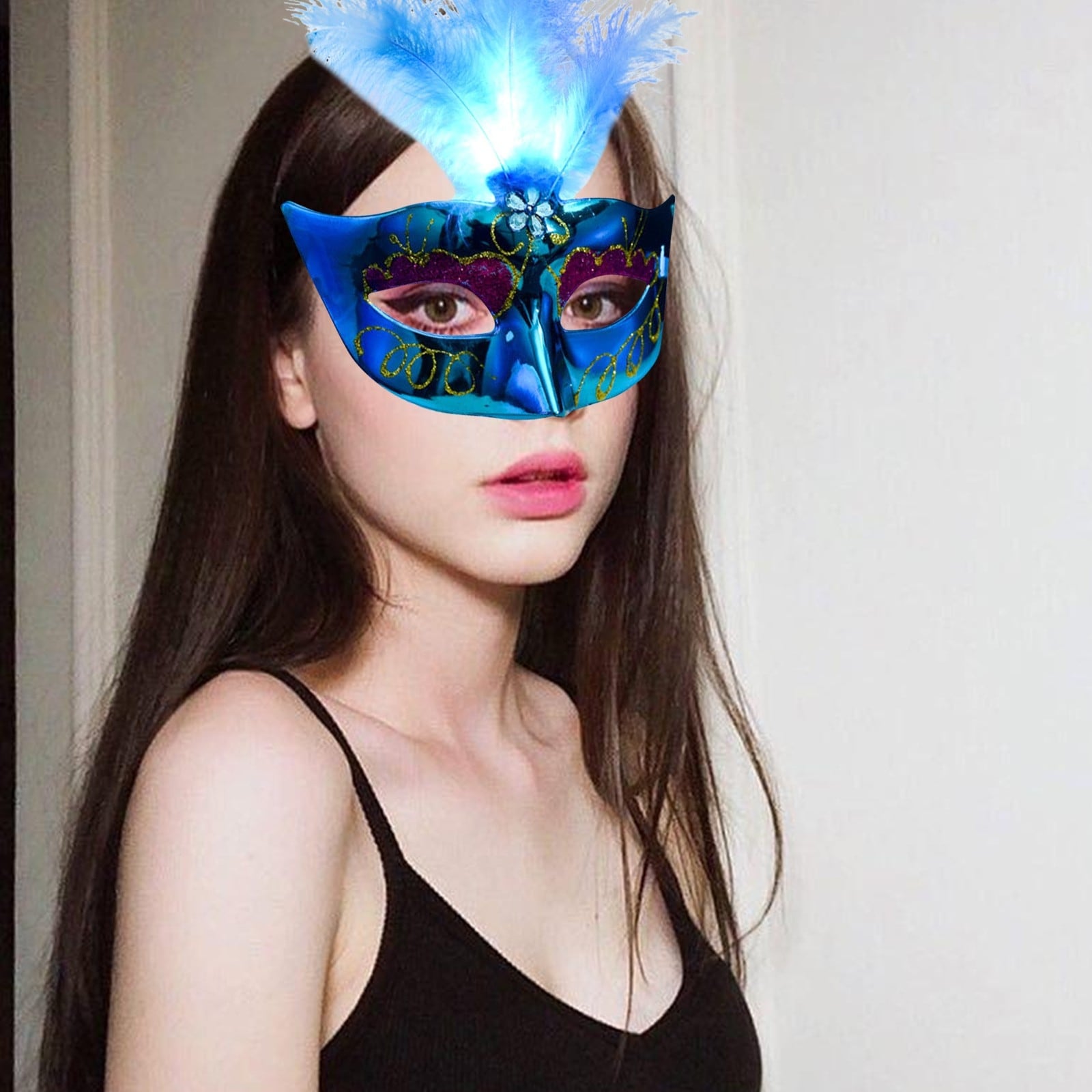 Women Venetian LED Fiber Mask Masquerade Fancy Dress Party Princess Feather  Masks Cosplay Costume Halloween Mask