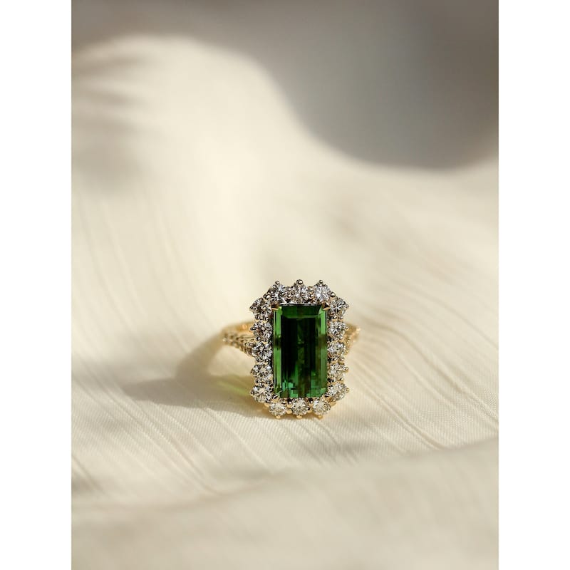 Kobelli 9.66 Carats Green Tourmaline & White Diamond 14k Solid Gold Elongated Emerald-cut Rococo Halo Elizabeth Ring
