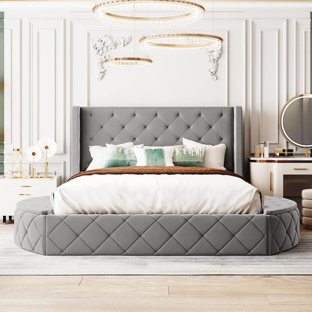 Roomfitters Queen Upholstered Platform Bed, Tufted Wingback Headboard, Velvet Frame, Storage Unit & Semicircular Stools