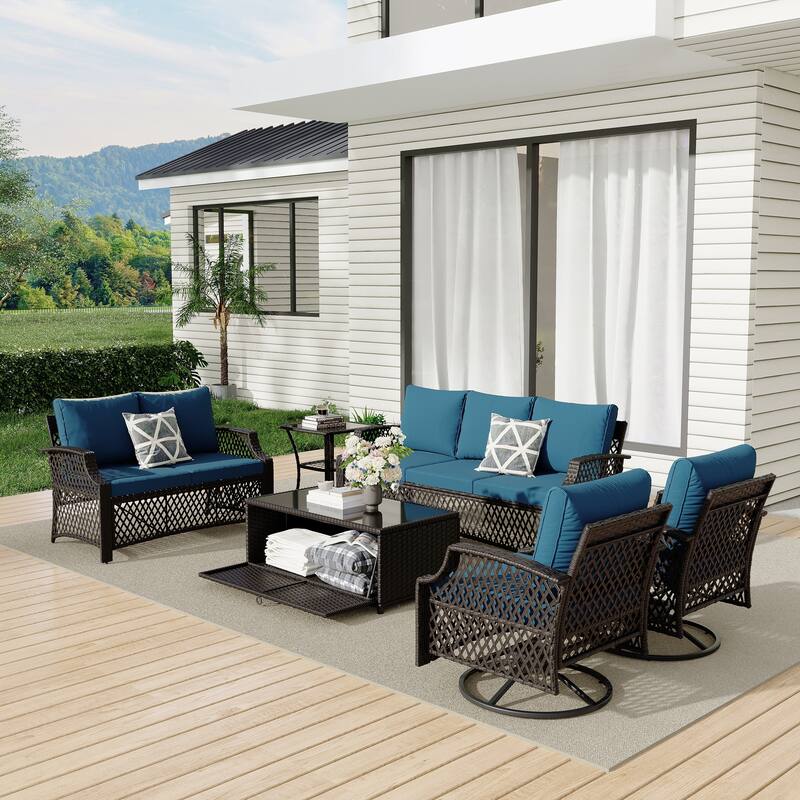 Outdoor Wicker Patio Set w Swivel Chairs & Sofa, Ottomans and Tables, Modular 3/5/6/7-Piece, All-Weather Conversation Set.