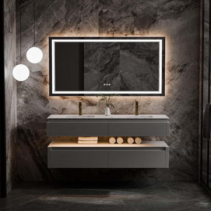 Modland 60" Modern Wall-Mounted Double Sink Bathroom Vanity with Engineered Stone Countertop, Soft-Close Drawers