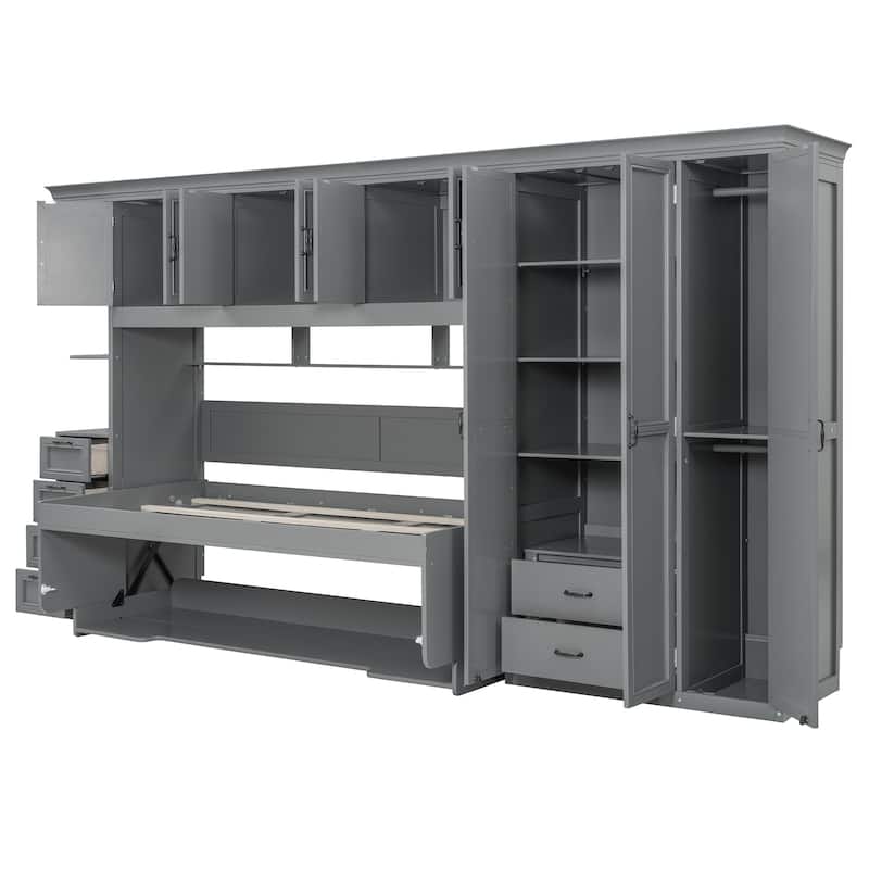 Versatile Twin Size Murphy Bed Fold-down Storage Wall Bed with Temporary Desk, Top Cabinets, Side Wardrobe, Drawers and Shelves