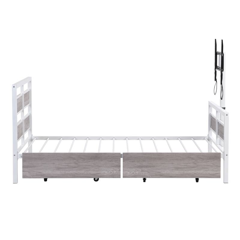 Twin Size Metal Platform Bed with Drawers and Rotatable TV Stand